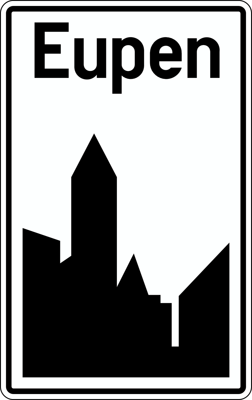 Panneau blanc portant « Eupen » et une silhouette noire de bâtiments.