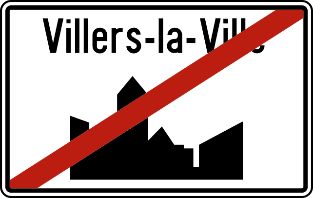 Panneau « Villers-la-Ville » et silhouette de bâtiments barrés d’une diagonale rouge.