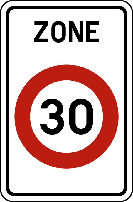Panneau blanc portant « ZONE » et le nombre 30 dans un cercle rouge.
