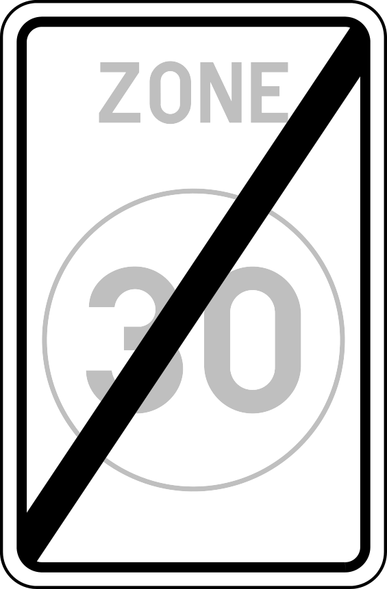 Panneau « ZONE 30 » grisé et barré d’une diagonale noire.