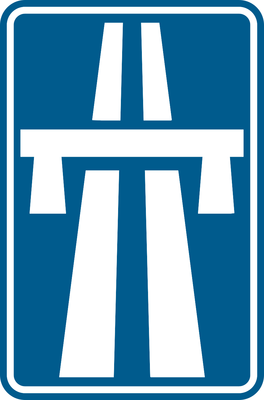 Panneau bleu avec deux chaussées blanches séparées et un pont transversal.