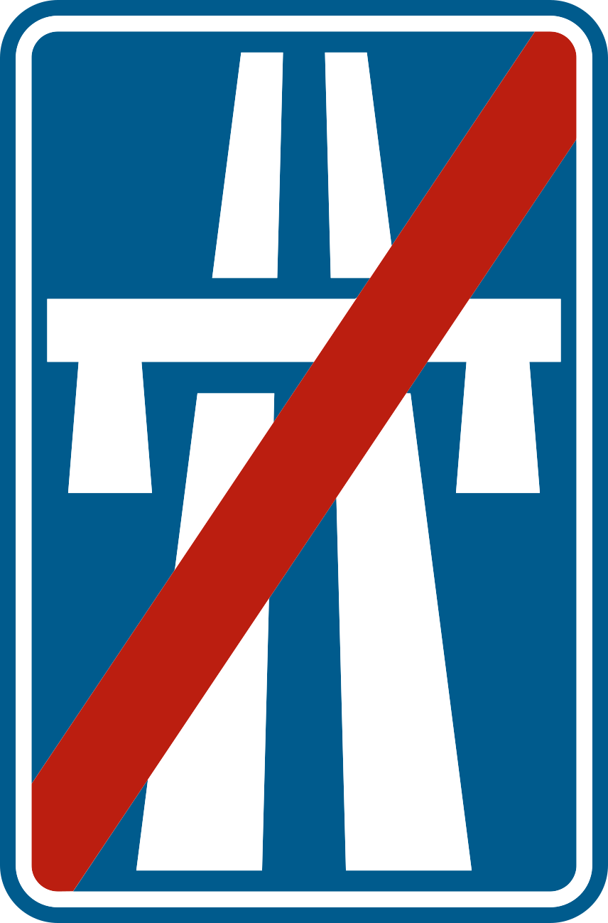 Symbole blanc d’autoroute sur fond bleu, barré d’une diagonale rouge.