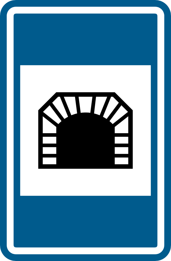 Panneau bleu avec une entrée de tunnel noire dans un carré blanc.