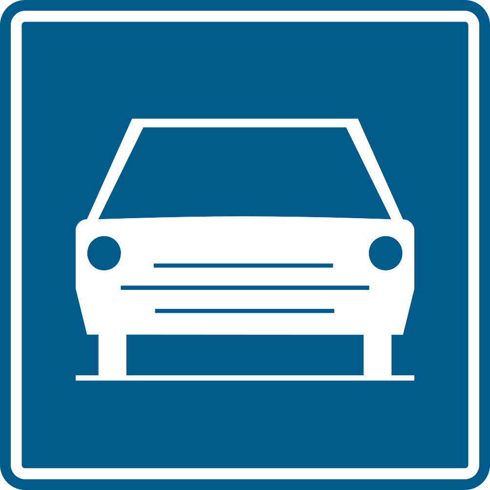 Panneau bleu avec une voiture blanche vue de face.