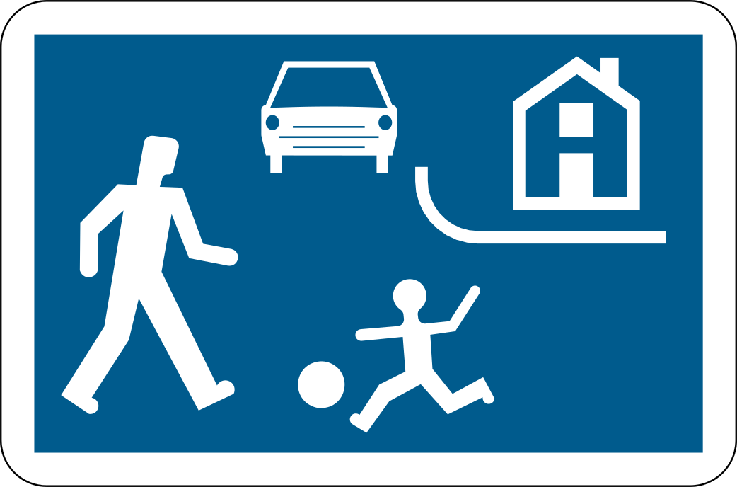 Panneau bleu montrant un piéton, un enfant avec un ballon, une voiture et une maison.