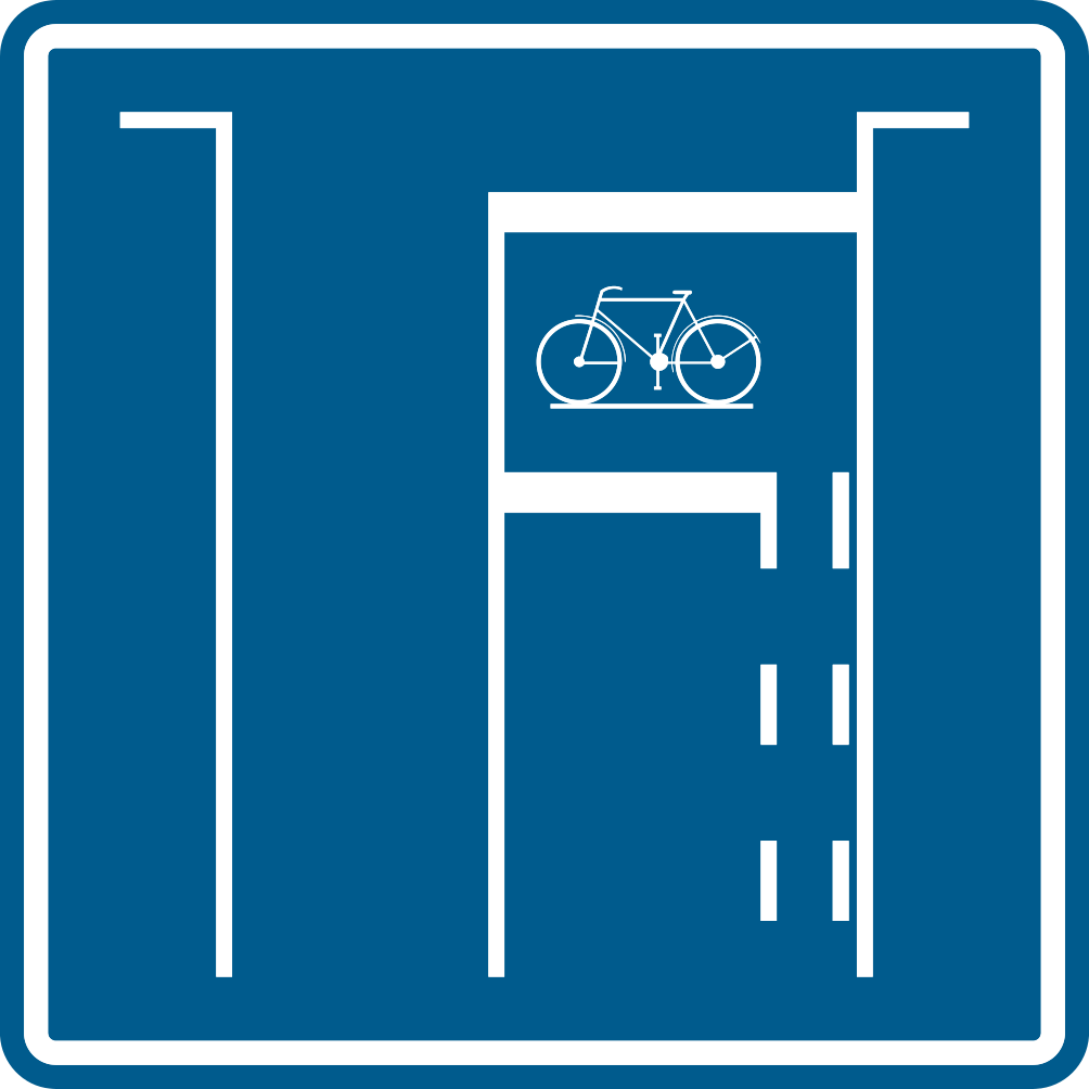 Schéma bleu d’une zone avec symbole de vélo entre deux lignes d’arrêt, accessible par une bande à droite.