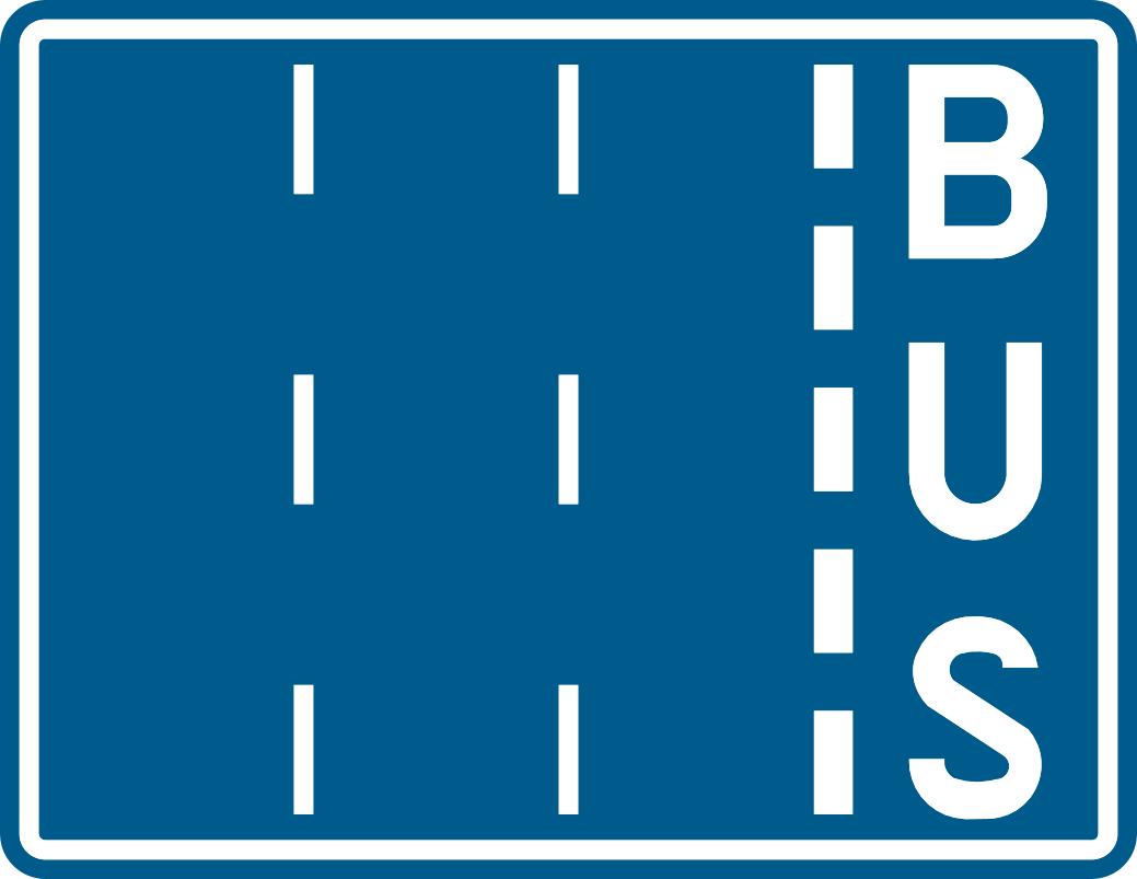 Quatre bandes sur fond bleu, la bande de droite portant l’inscription « BUS ».