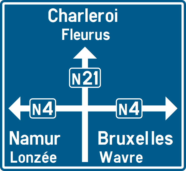 Schéma de carrefour : Charleroi et Fleurus tout droit par N21 ; Namur et Lonzée à gauche par N4 ; Bruxelles et Wavre à droite par N4.