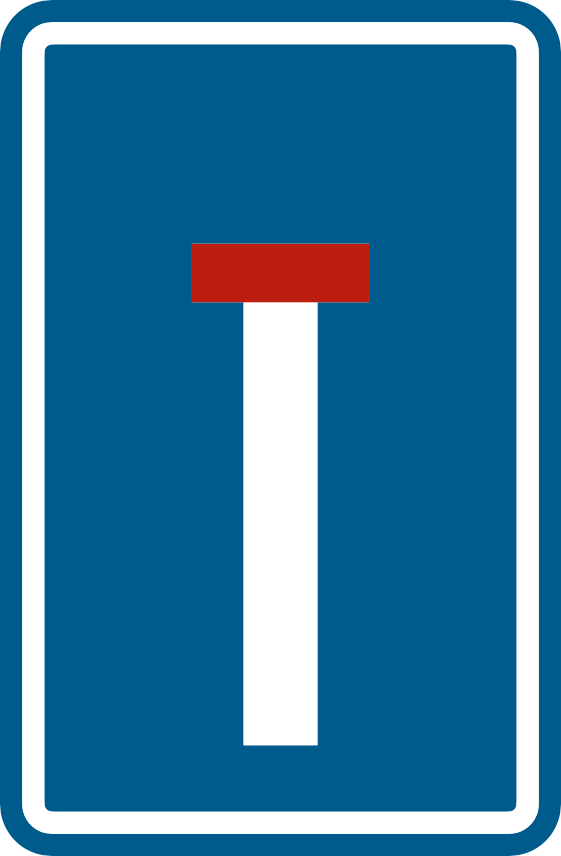 Panneau bleu avec une barre blanche verticale terminée par une barre rouge horizontale.