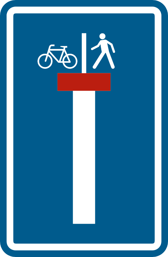 Symbole de voie sans issue avec un vélo et un piéton au-delà de la barre rouge.