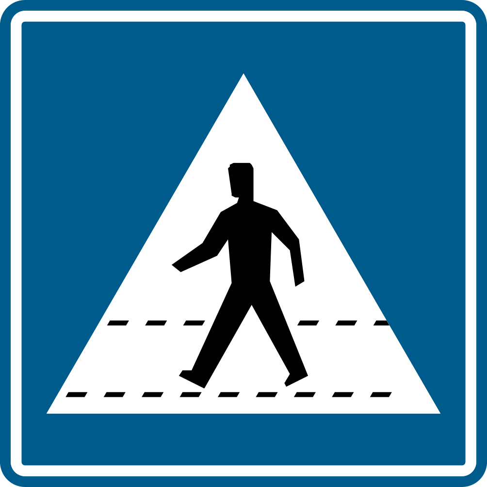 Panneau bleu avec un piéton sur un passage dans un triangle blanc.