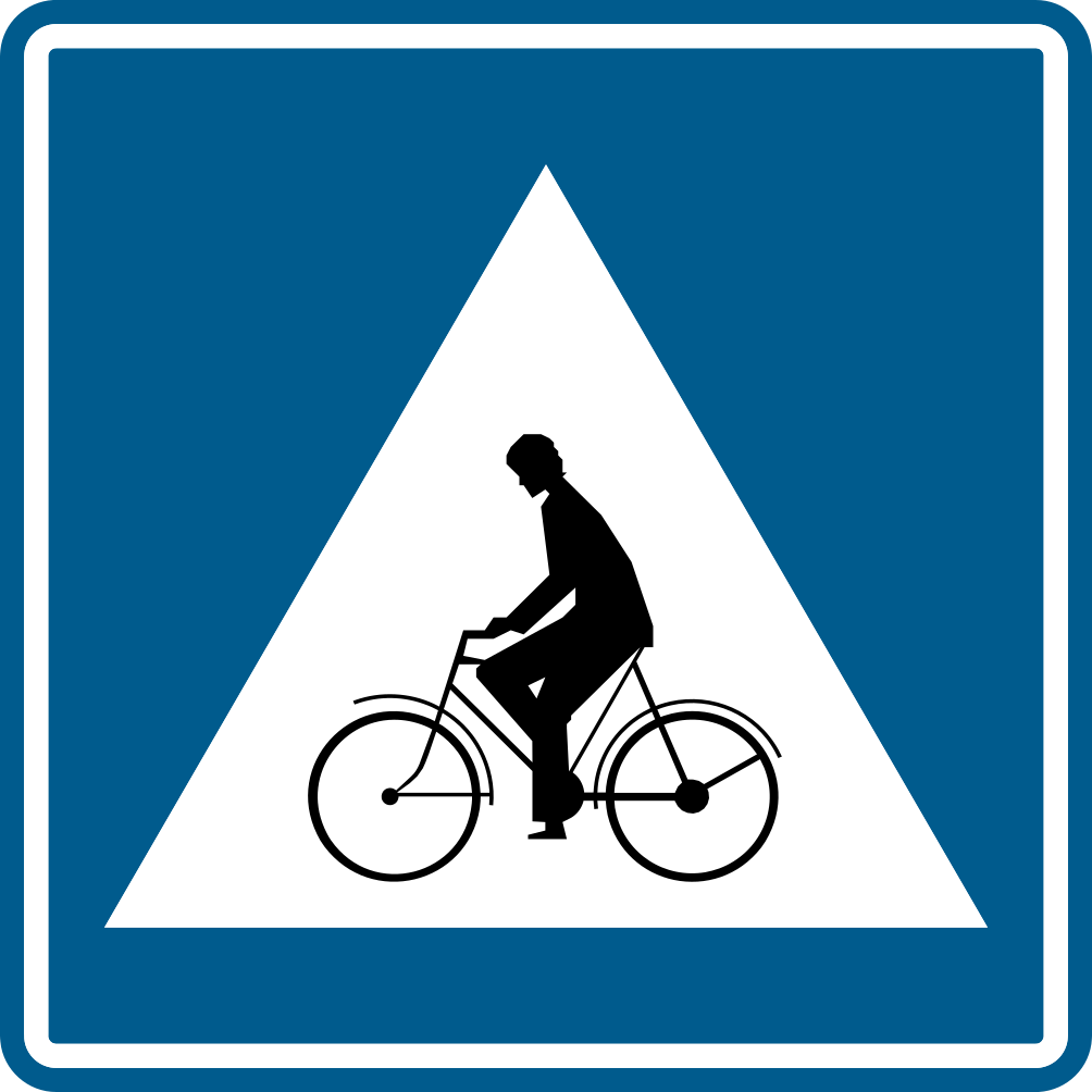 Panneau bleu avec un cycliste dans un triangle blanc.