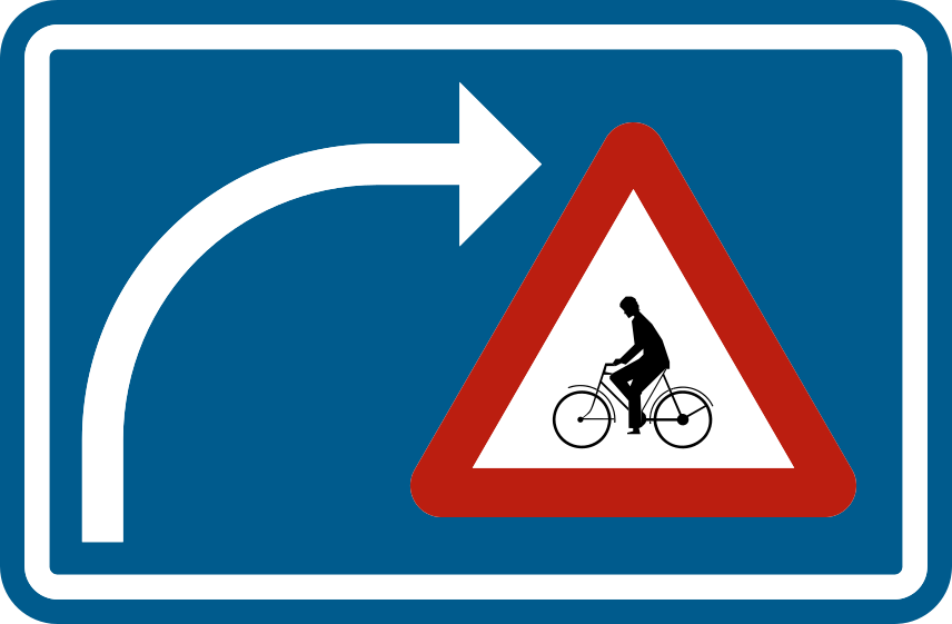 Flèche courbée vers la droite sur fond bleu, accompagnée d’un triangle rouge contenant un cycliste.