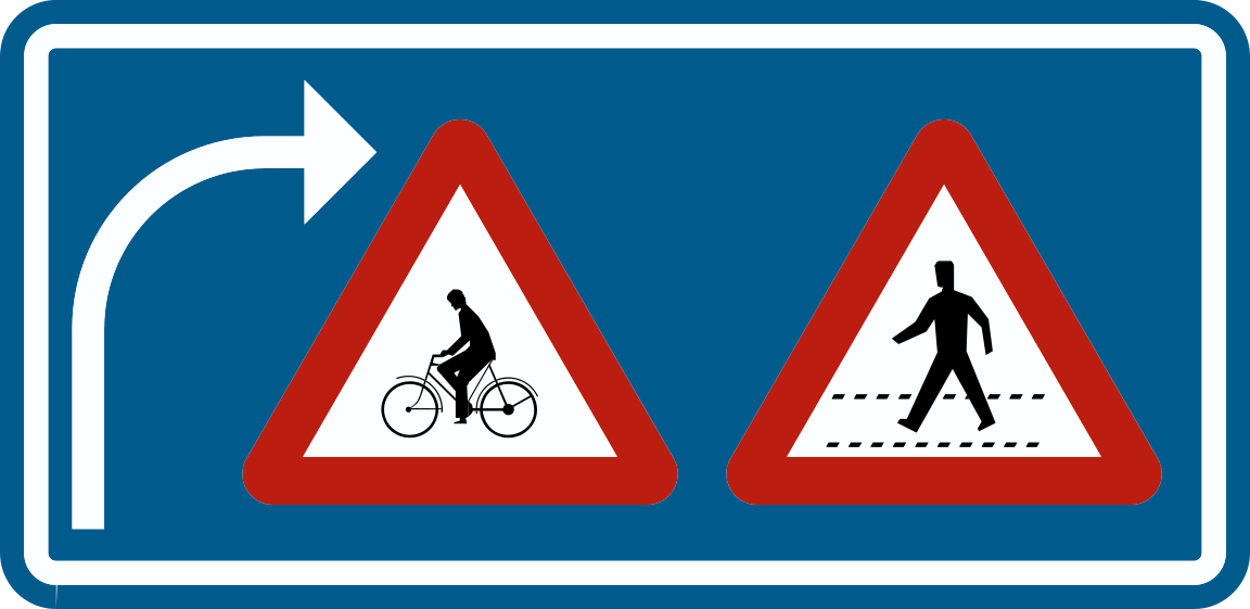 Flèche courbée vers la droite avec deux triangles rouges : un cycliste et un piéton sur un passage.