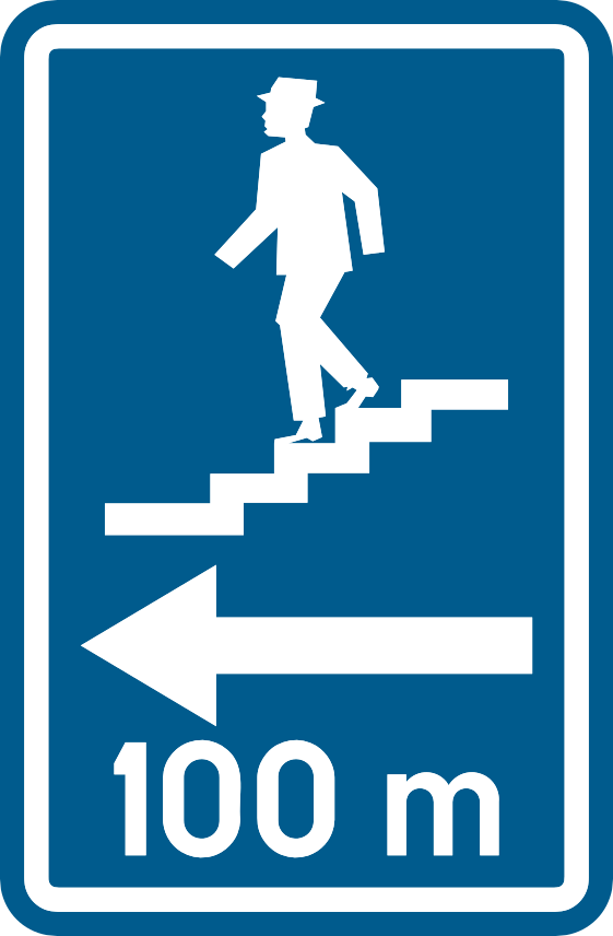 Personne descendant un escalier, flèche vers la gauche et distance « 100 m », sur fond bleu.