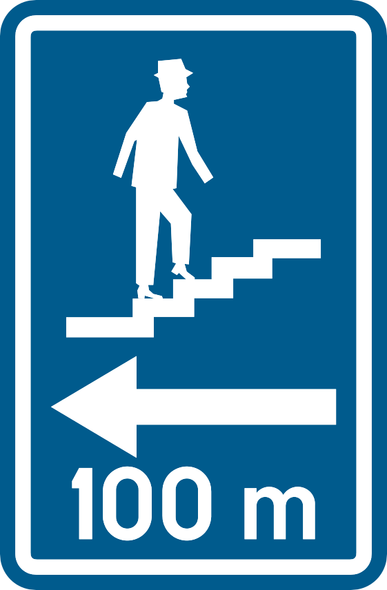 Personne montant un escalier, flèche vers la gauche et distance « 100 m », sur fond bleu.