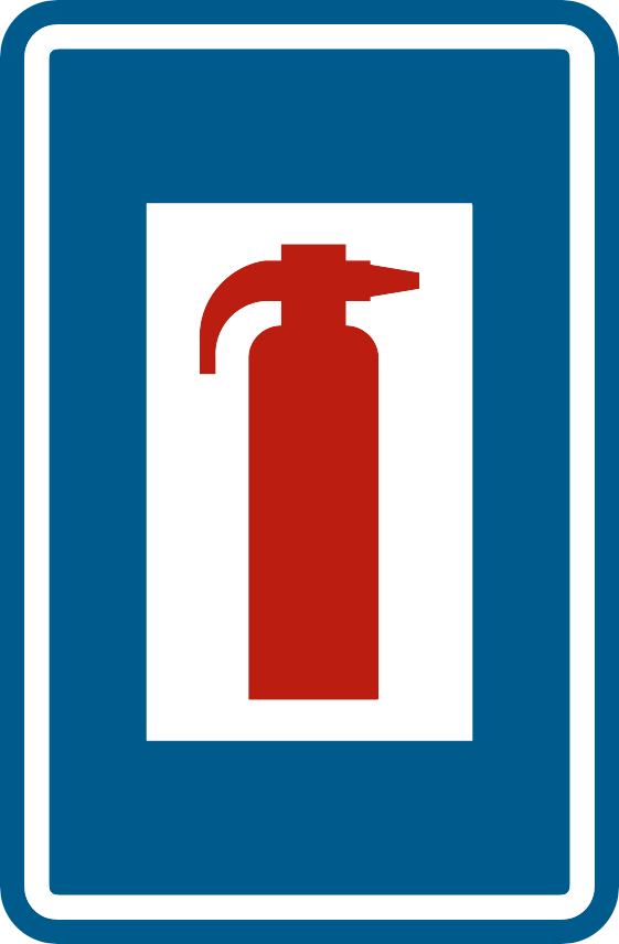 Panneau bleu avec un extincteur rouge dans un rectangle blanc.