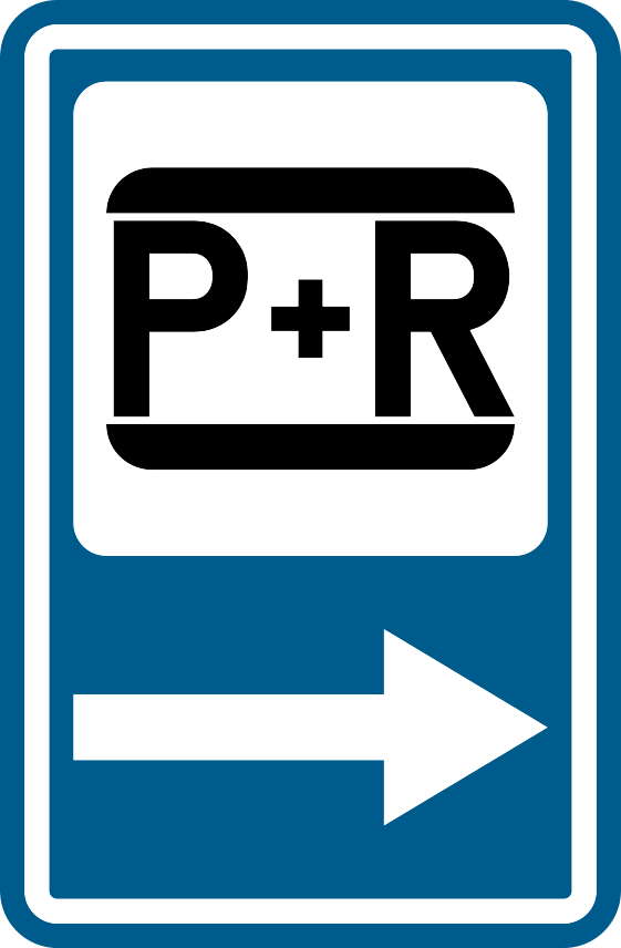 Panneau bleu avec le symbole P+R et une flèche blanche vers la droite.