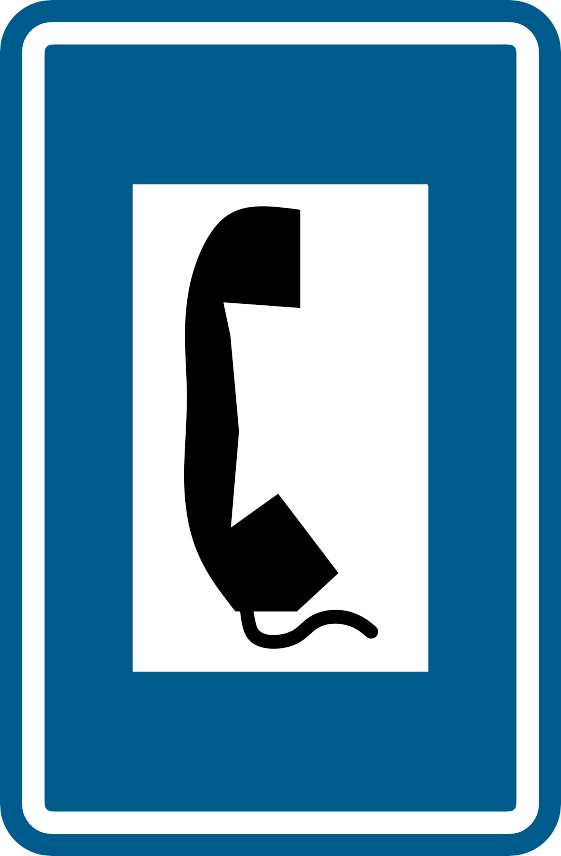 Panneau bleu avec un combiné téléphonique noir sur fond blanc.