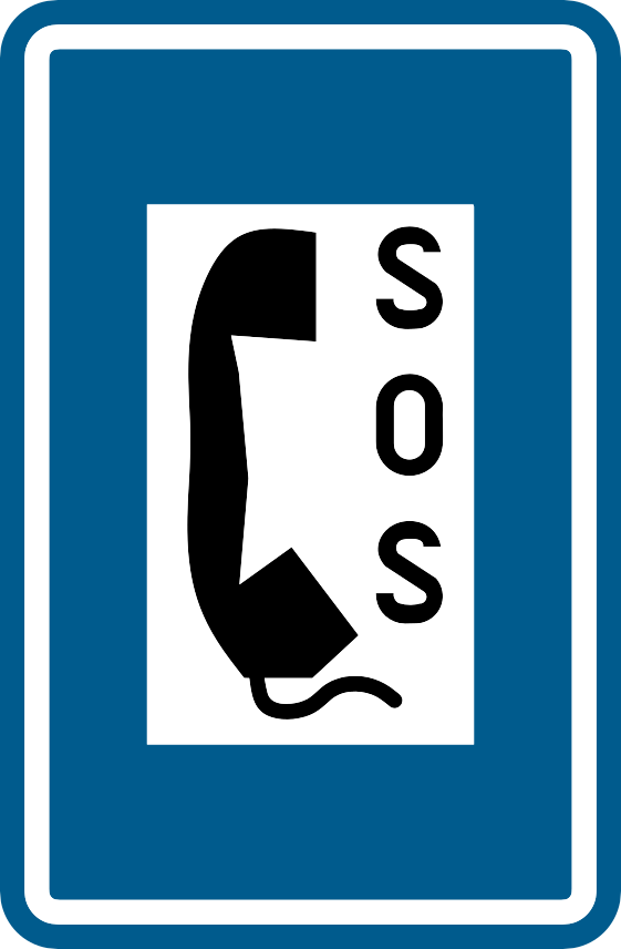 Panneau bleu avec un combiné téléphonique noir et les lettres SOS.