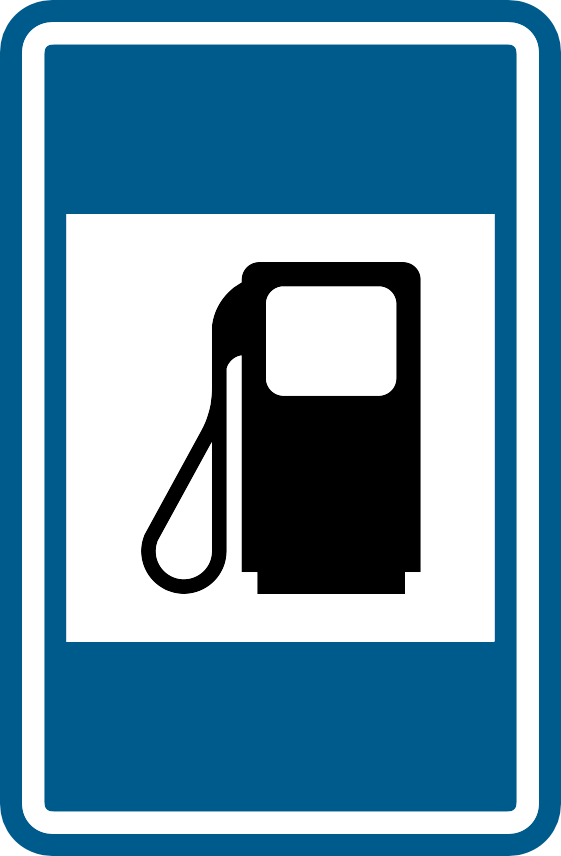 Panneau bleu avec une pompe à carburant noire sur fond blanc.