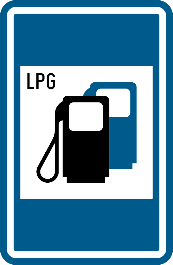 Panneau bleu avec deux pompes à carburant et la mention LPG.