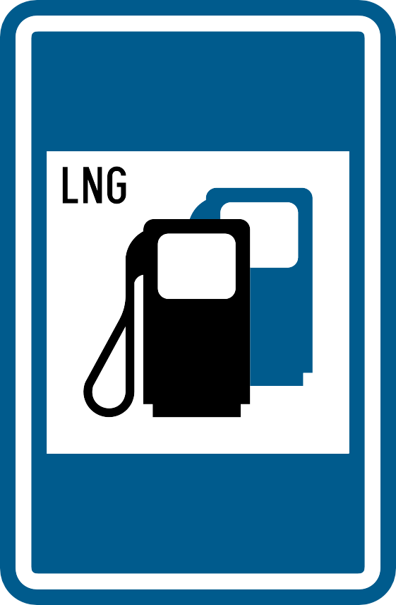 Panneau bleu avec deux pompes à carburant et la mention LNG.