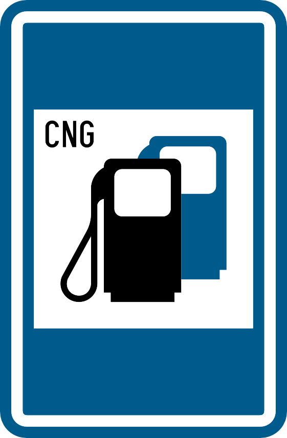 Panneau bleu avec deux pompes à carburant et la mention CNG.