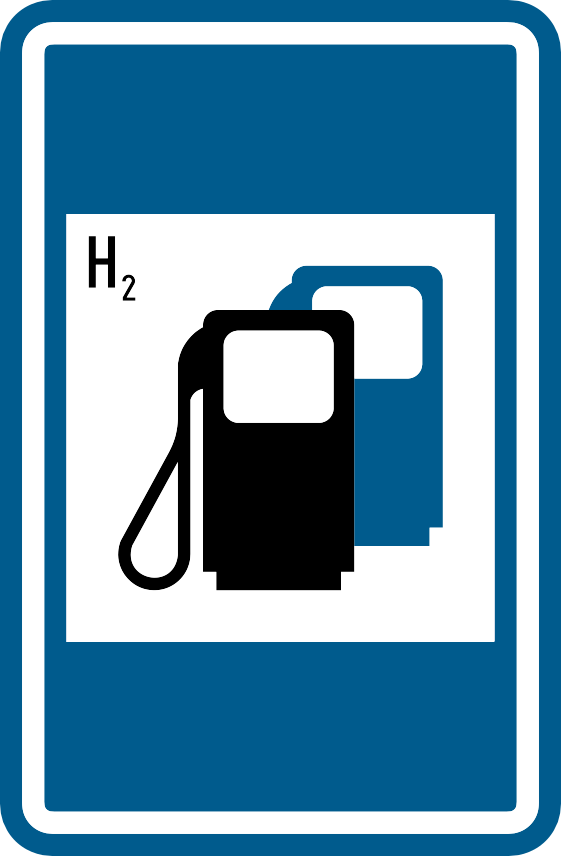 Panneau bleu avec deux pompes à carburant et la mention H₂.