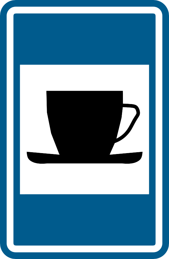 Panneau bleu avec une tasse noire sur une soucoupe.