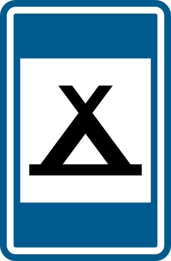 Panneau bleu avec une tente noire.