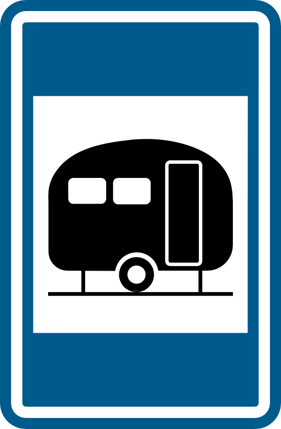 Panneau bleu avec une caravane noire.