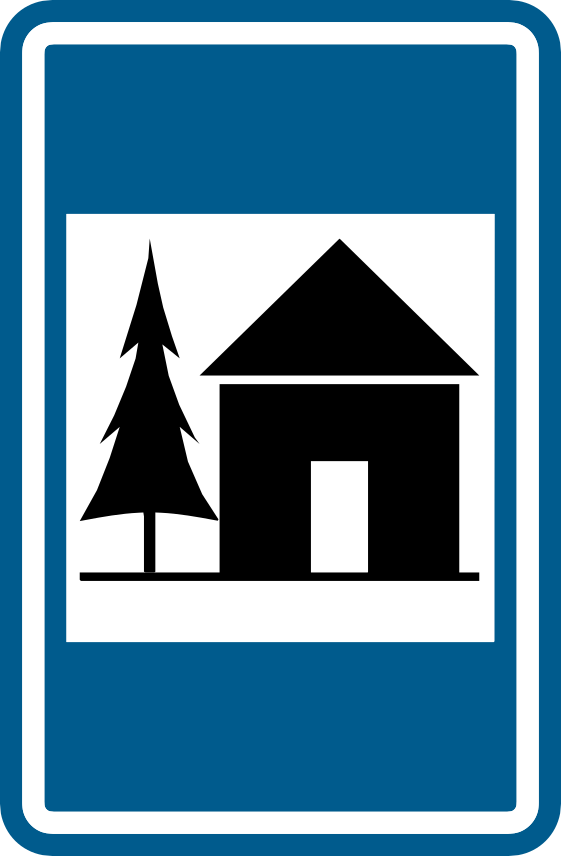 Panneau bleu avec une maison et un sapin noirs.