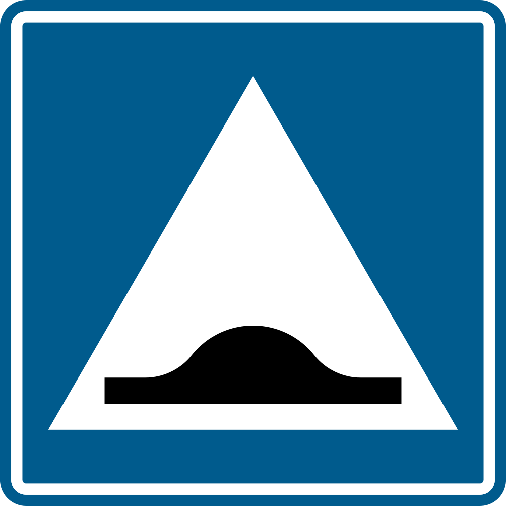 Panneau bleu avec une bosse noire dans un triangle blanc.