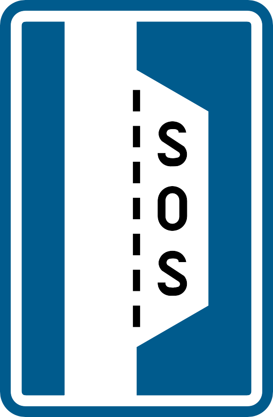 Panneau bleu montrant un renfoncement à droite de la chaussée avec la mention SOS.