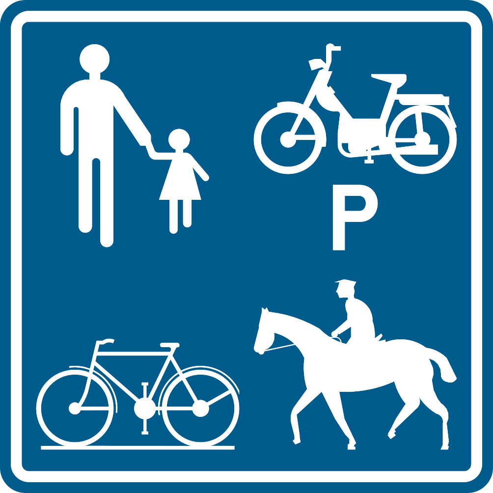 Panneau bleu avec des piétons, un vélo, un cavalier et un cyclomoteur accompagné de la lettre P.