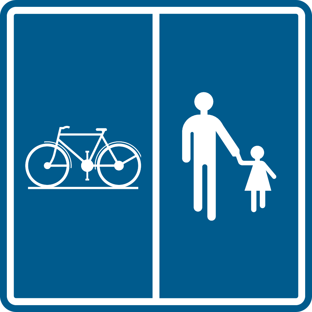 Panneau bleu divisé verticalement : vélo à gauche et piétons à droite.