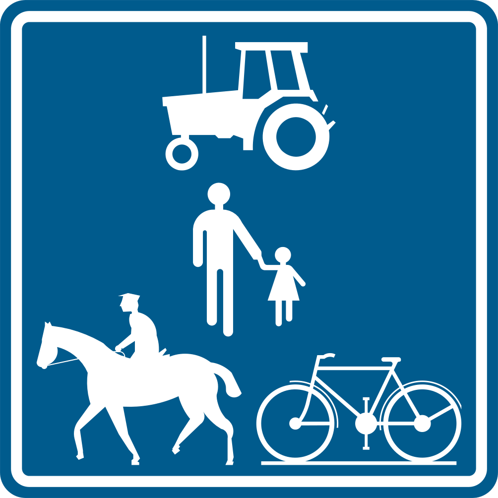 Panneau bleu avec un tracteur, des piétons, un cavalier et un vélo.
