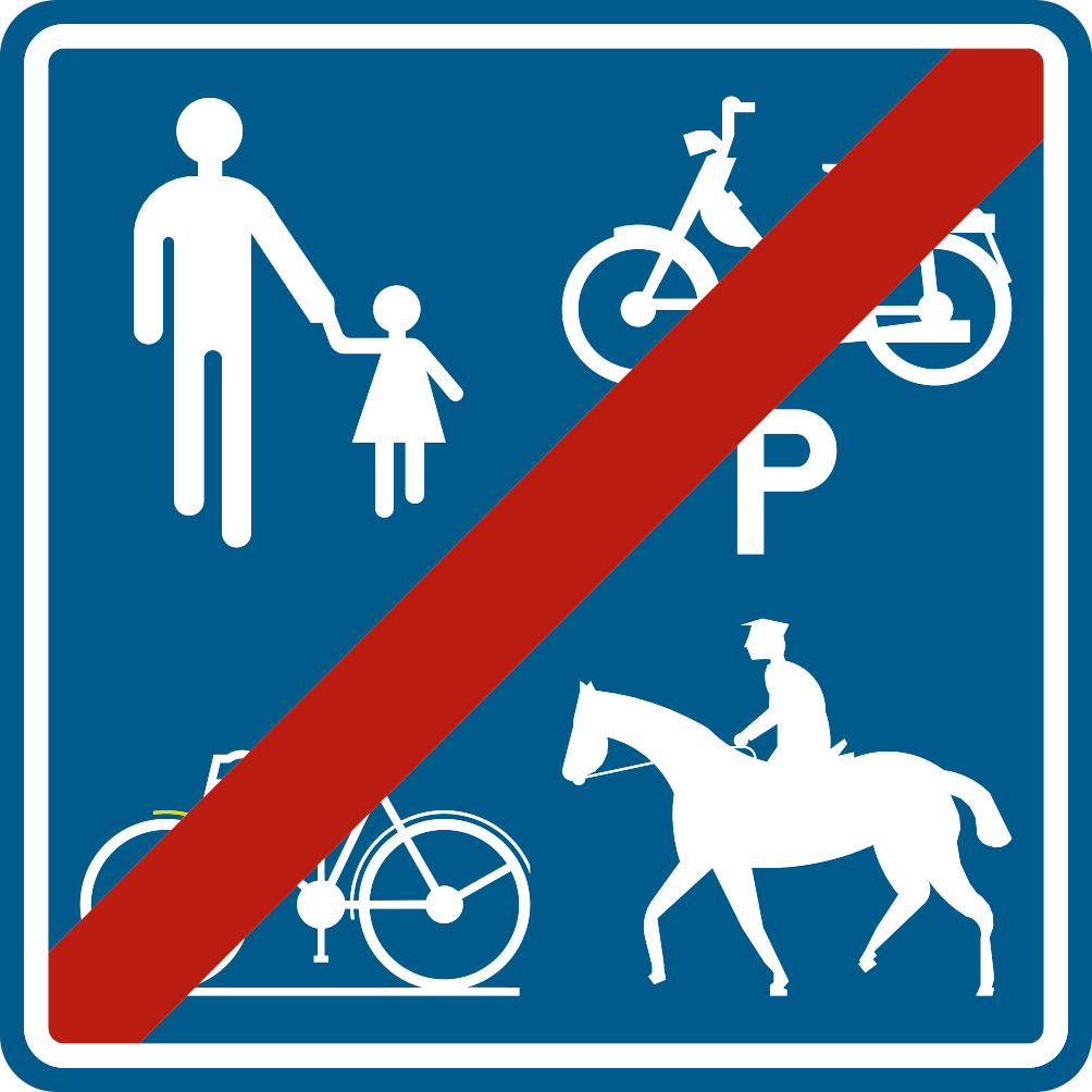 Panneau bleu barré de rouge avec des piétons, un vélo, un cavalier et un cyclomoteur accompagné de la lettre P.