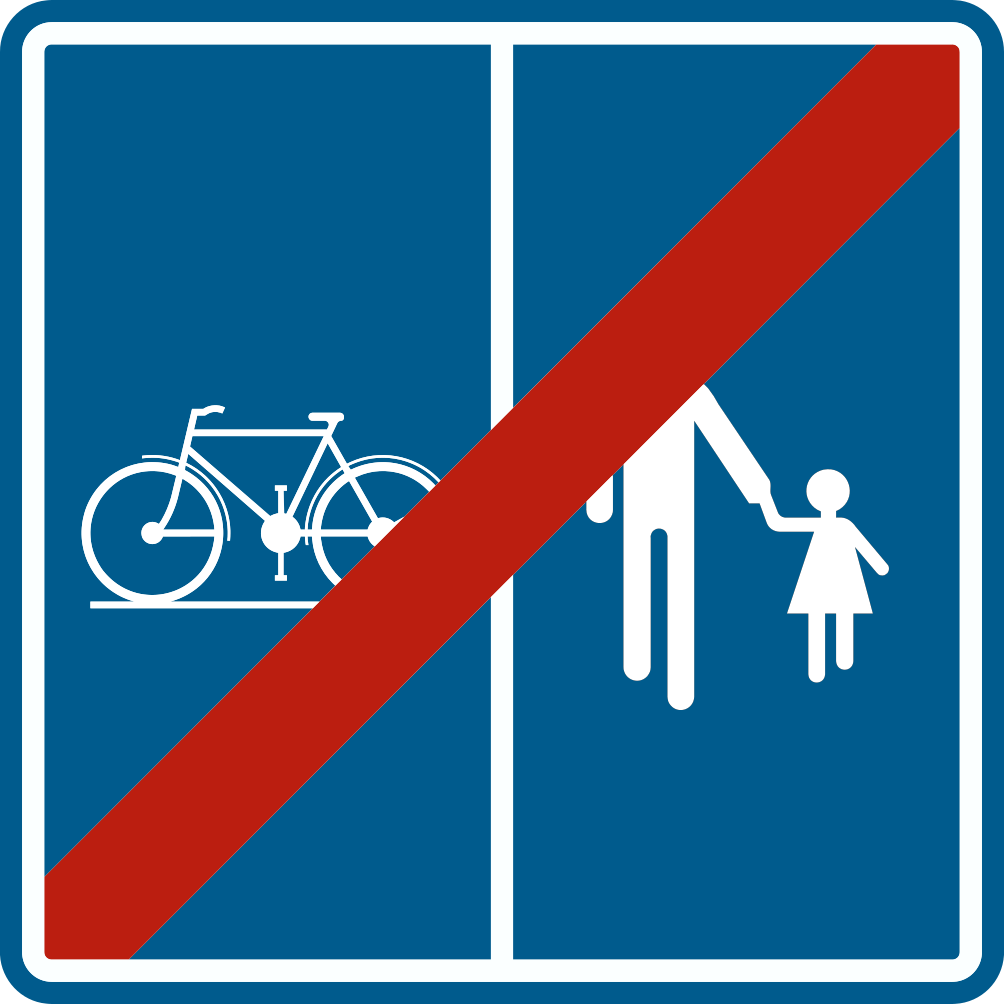 Panneau bleu barré de rouge, divisé verticalement : vélo à gauche et piétons à droite.