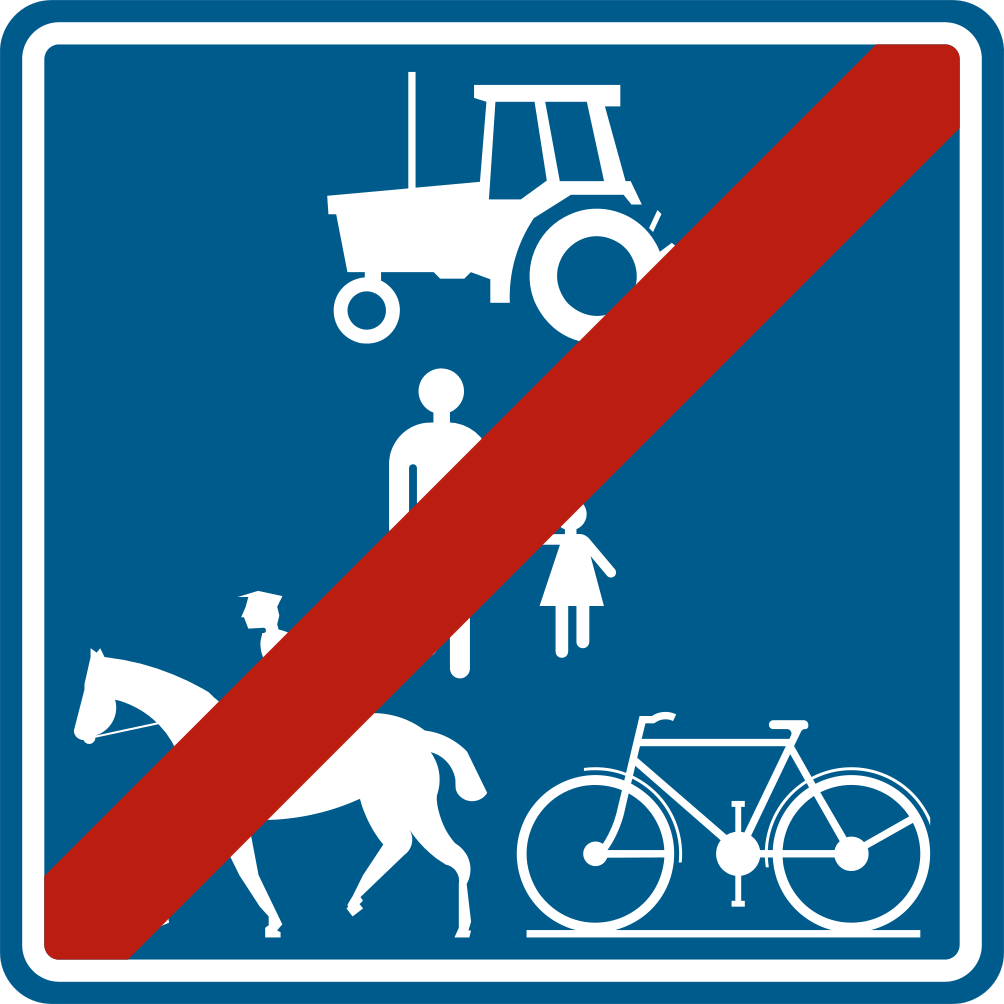 Panneau bleu barré de rouge avec un tracteur, des piétons, un cavalier et un vélo.