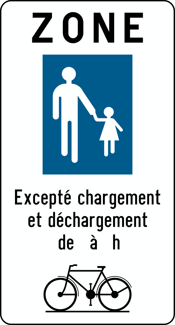 Panneau ZONE avec des piétons, la mention « Excepté chargement et déchargement » sans horaires renseignés et un vélo.