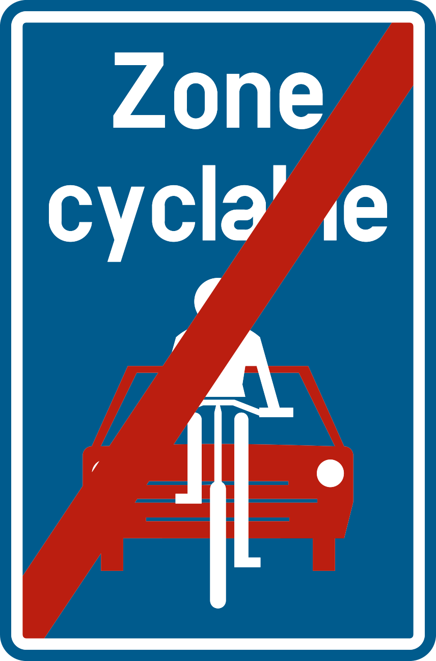 Panneau bleu « Zone cyclable » barré de rouge, avec un cycliste blanc devant une voiture rouge.