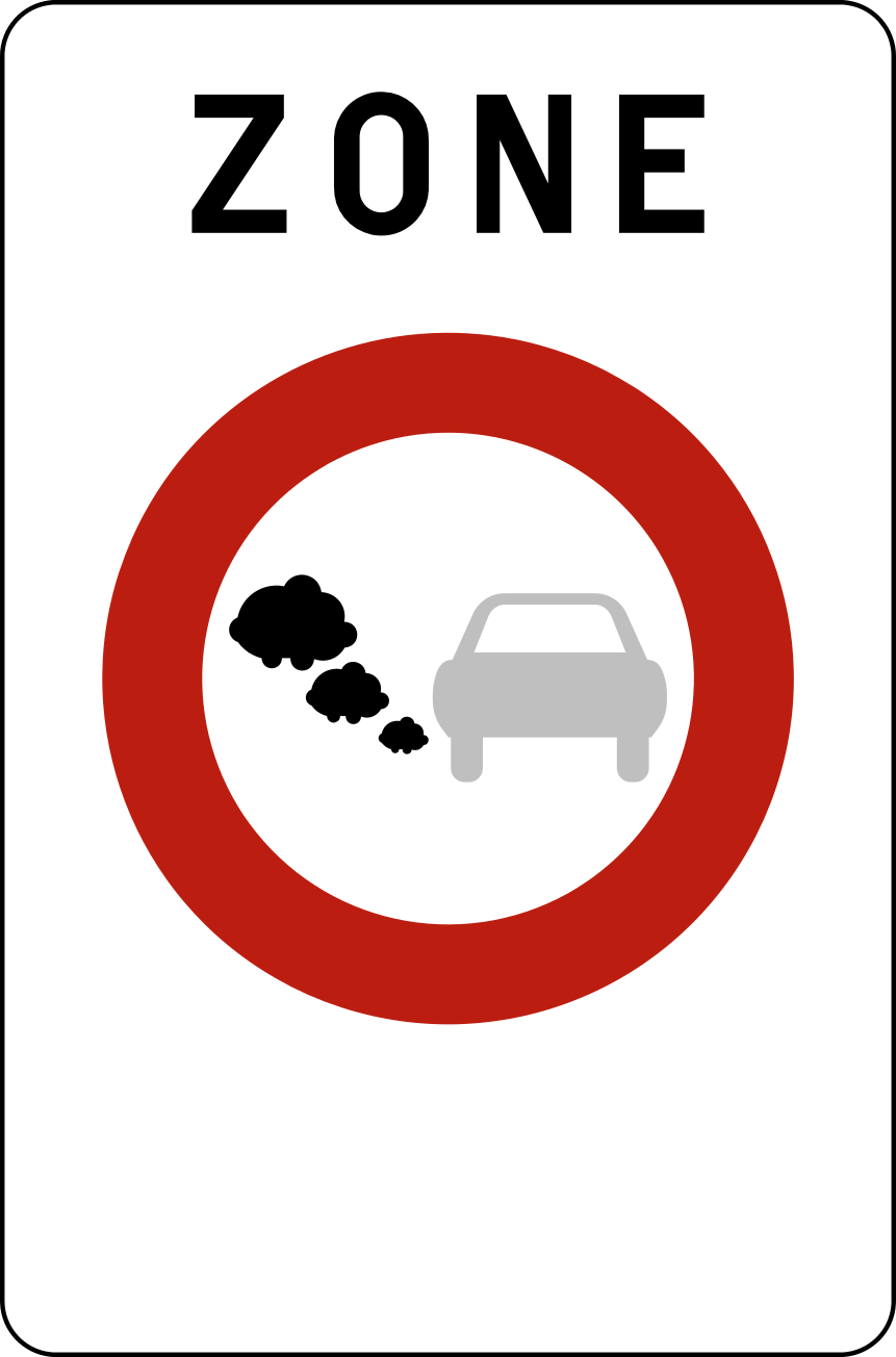 Panneau ZONE avec une voiture et des fumées dans un cercle rouge.