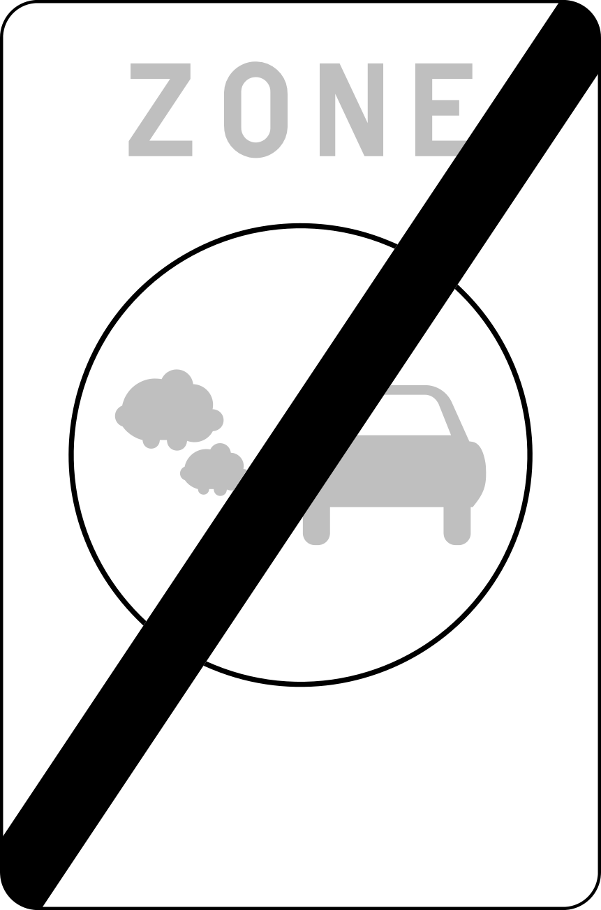 Panneau ZONE grisé et barré de noir, avec une voiture et des fumées dans un cercle.