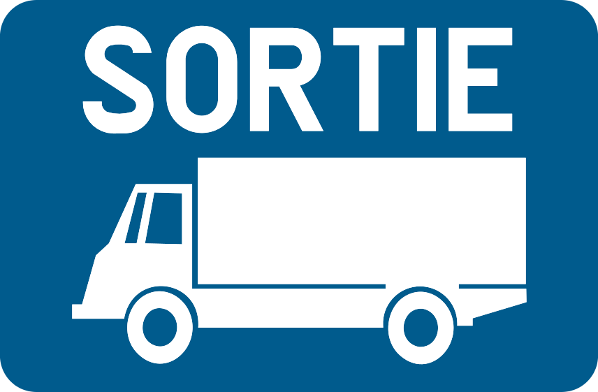 Panneau additionnel bleu avec la mention « Sortie » et la silhouette d’un camion.