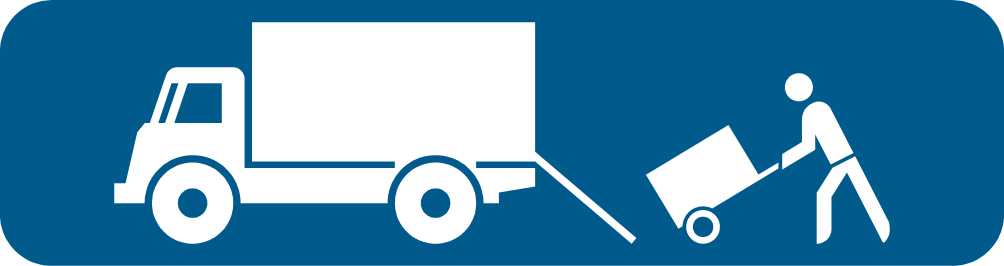 Panneau additionnel bleu représentant un camion et une personne déplaçant un colis avec un diable.