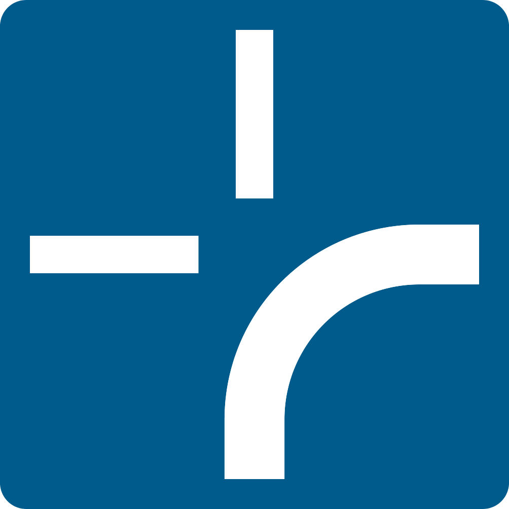 Panneau bleu représentant un carrefour : le trait épais relie le bas à la droite et deux traits fins mènent vers le haut et la gauche.