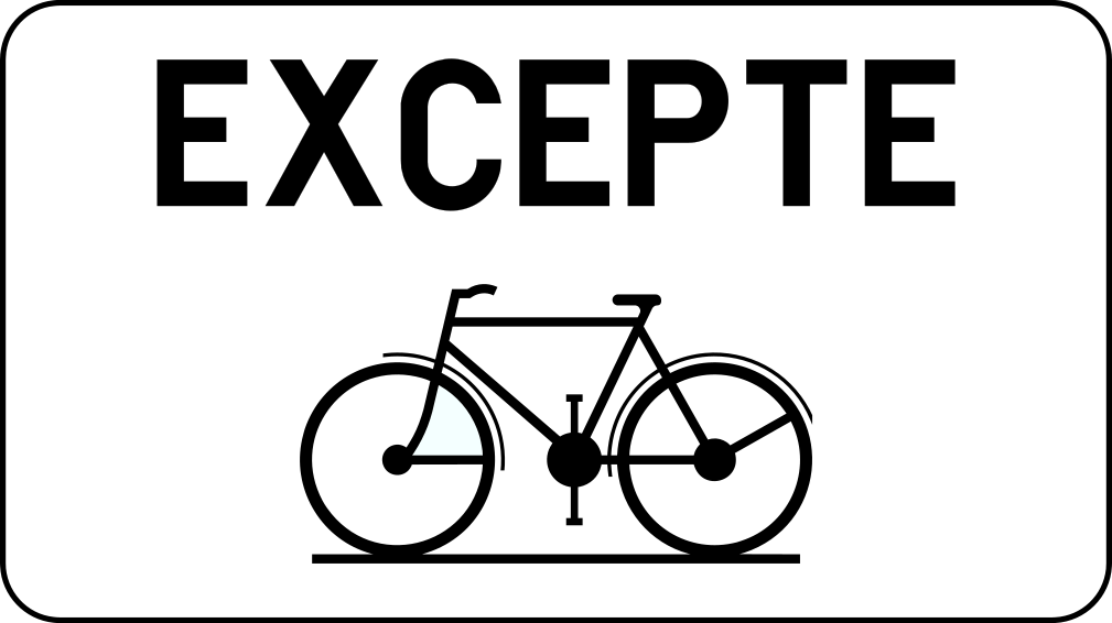 Panneau M2 portant « Excepté » au-dessus d’une bicyclette.