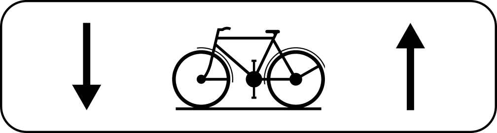 Panneau M4 représentant une bicyclette entre une flèche vers le bas à gauche et une flèche vers le haut à droite.